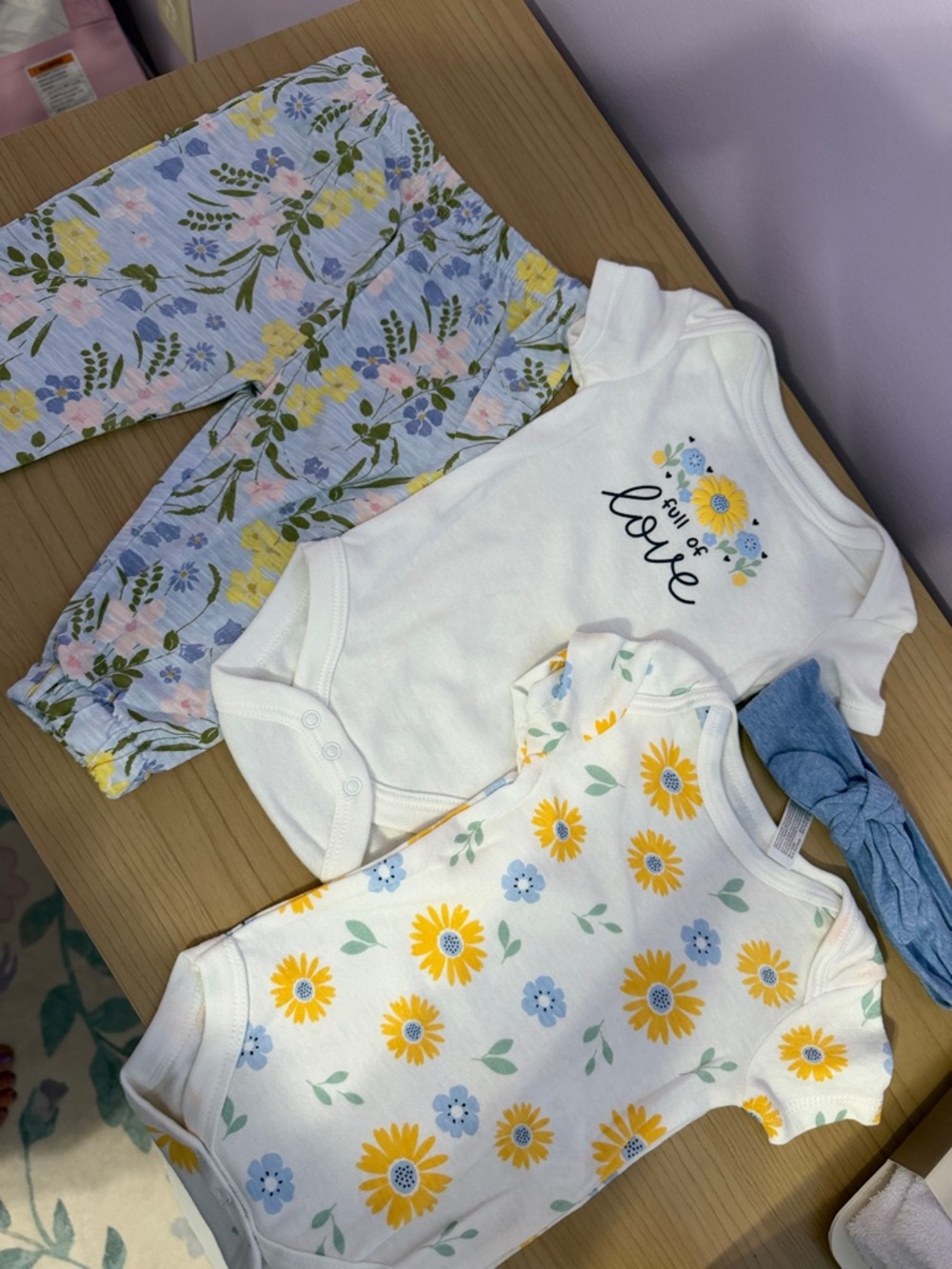 Baby Girl Floral Sunflower Bodysuits & Floral Pants Set - White, Yellow, Blue